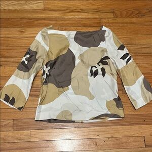 J Crew Silk Floral Print Women's 3/4 Sleeve Blouse - Brown and Cream